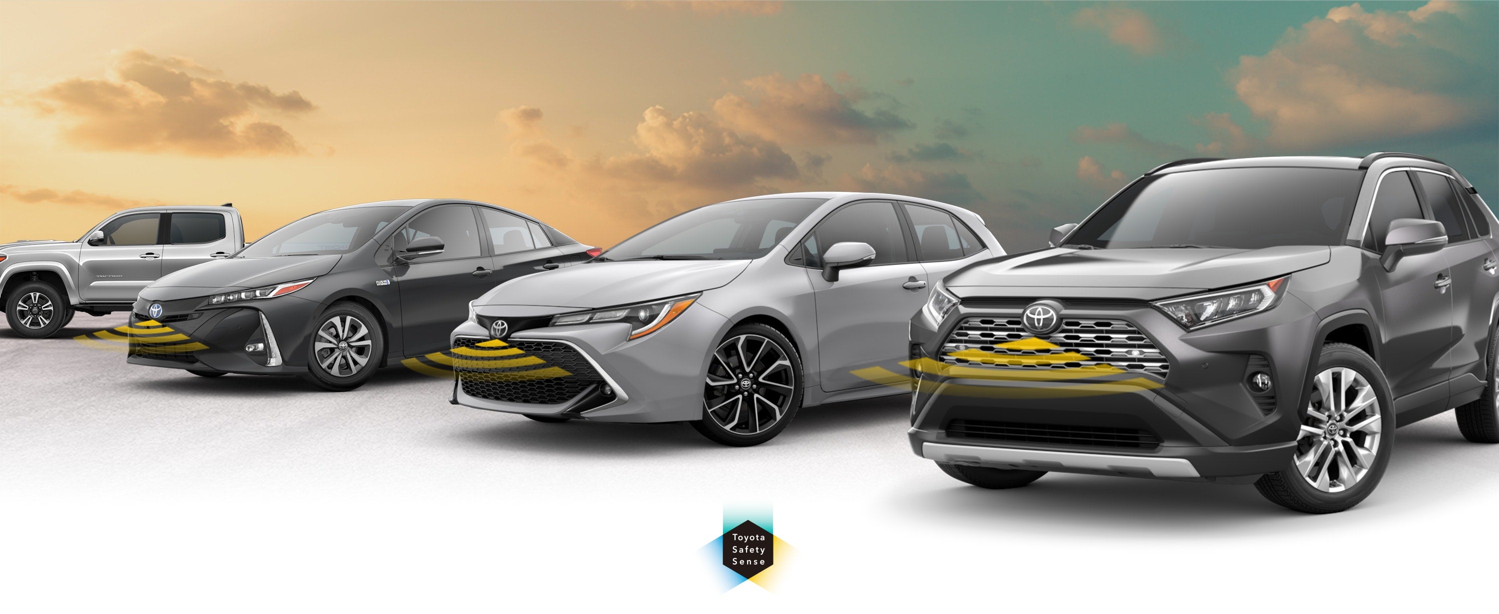 Toyota Safety Sense: Designed for Safety. Options shown on Toyota models including RAV4, Tacoma, and Camry, available now at Koons Toyota of Westminster in Westminster MD.